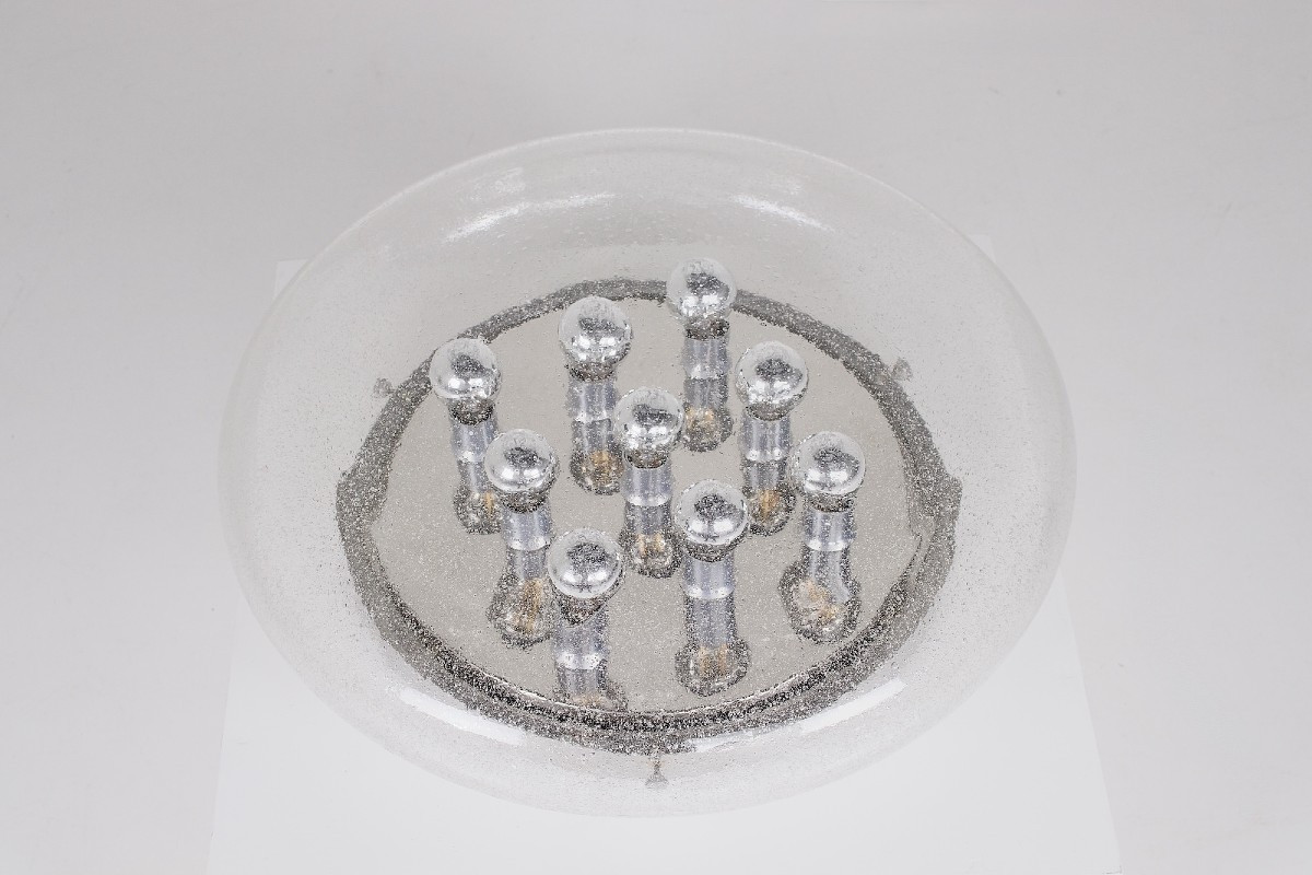 Grand plafonnier rond en verre soufflé bullé, vers 1970-photo-2