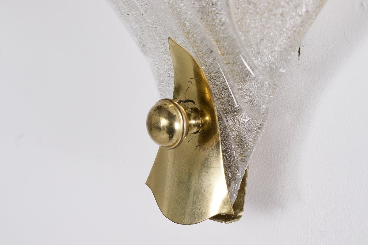 Paire d’appliques feuille en verre de Murano et structure en laiton – Italie, années 1970-photo-4