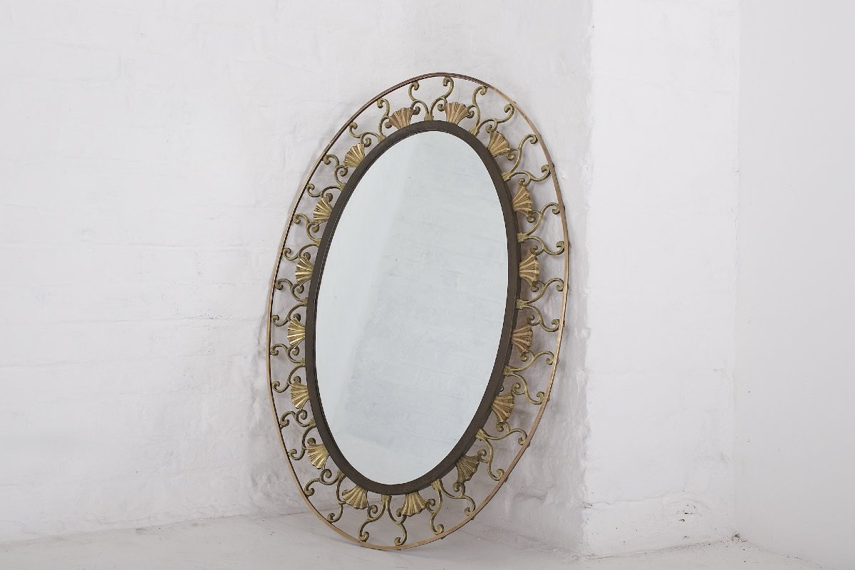 Miroir Art Déco ovale en laiton – Maison Moderna, vers 1930-photo-2
