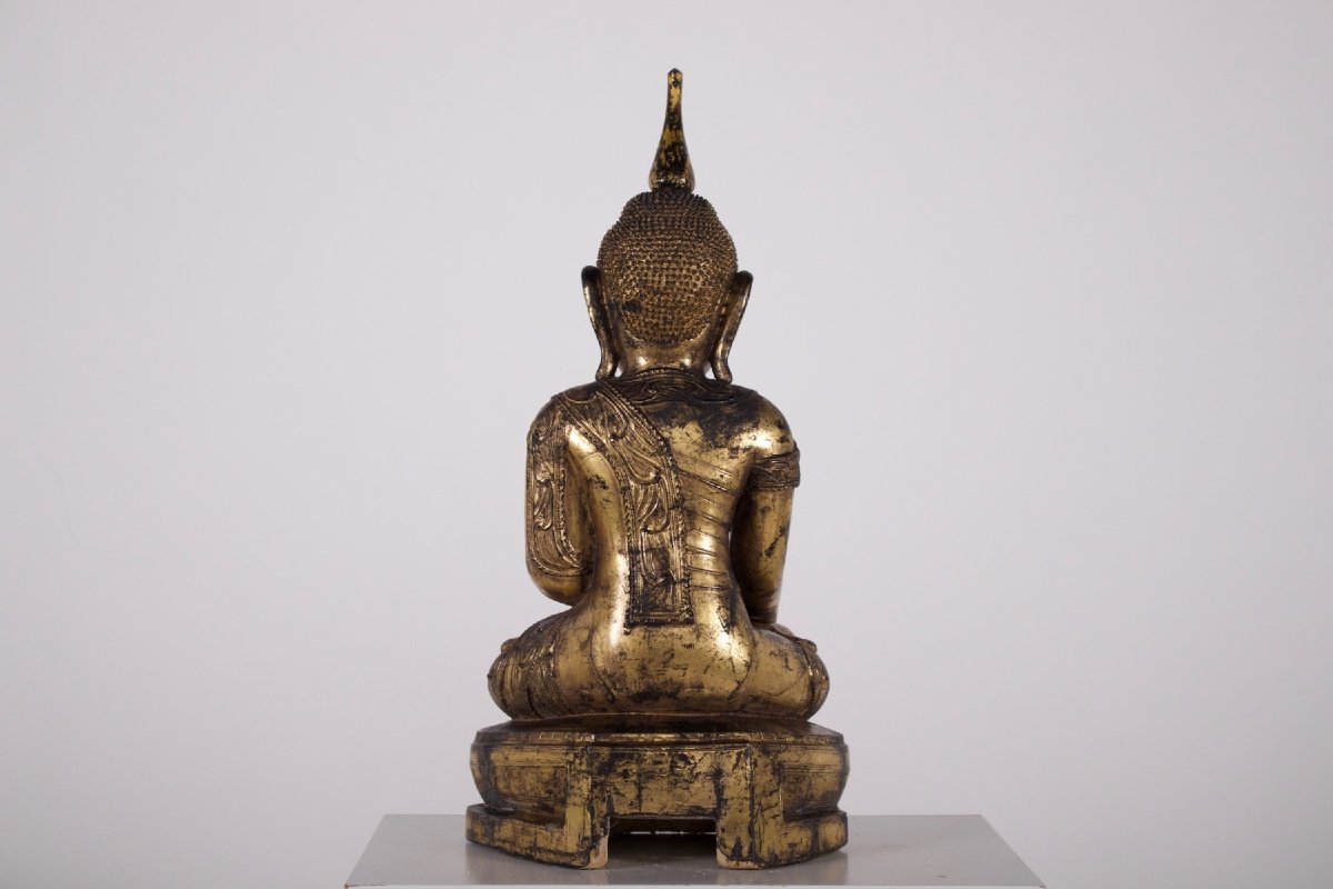 Shan Buddha In Bhumisparsha Mudra, Gilded Wood, Burma-photo-3