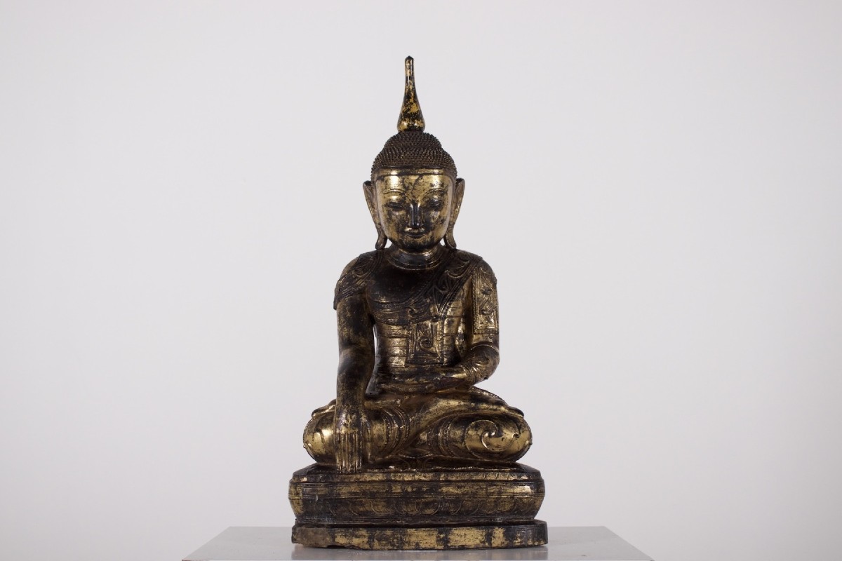 Shan Buddha In Bhumisparsha Mudra, Gilded Wood, Burma