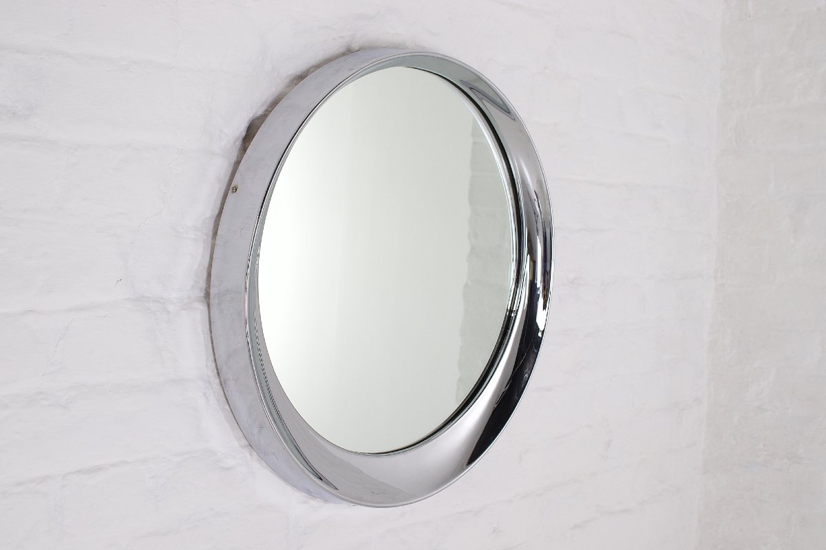 Miroir rond en acier chromé – Design cinétique années 1970-photo-2