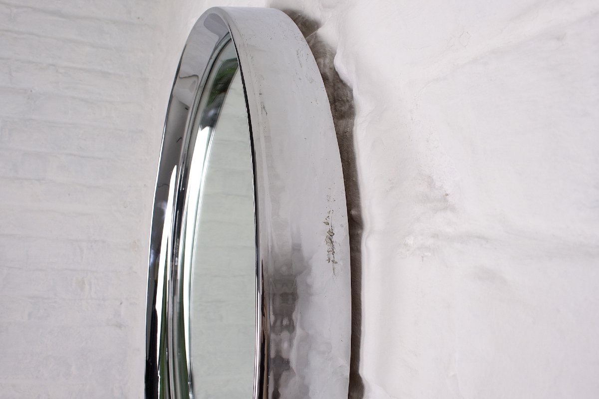 Miroir rond en acier chromé – Design cinétique années 1970-photo-3