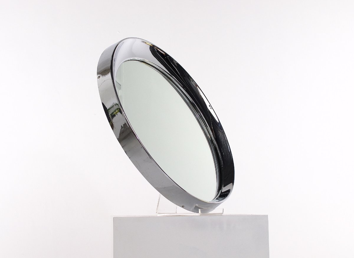 Miroir rond en acier chromé – Design cinétique années 1970-photo-2