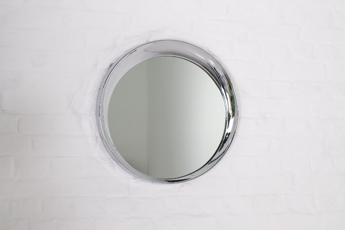 Miroir rond en acier chromé – Design cinétique années 1970
