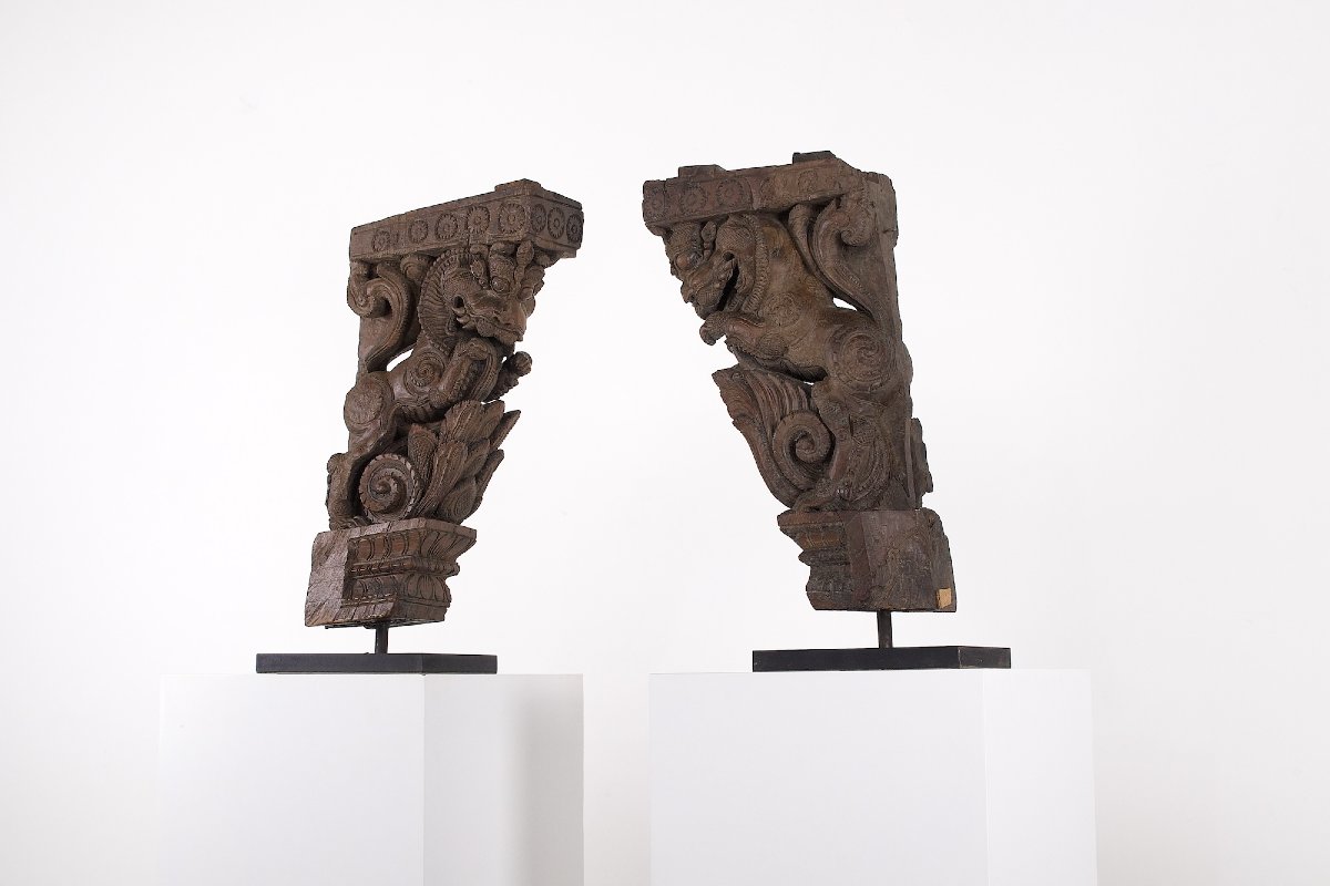Pair Of Vyalis Carved Wood Consoles, India, Tamil Nadu