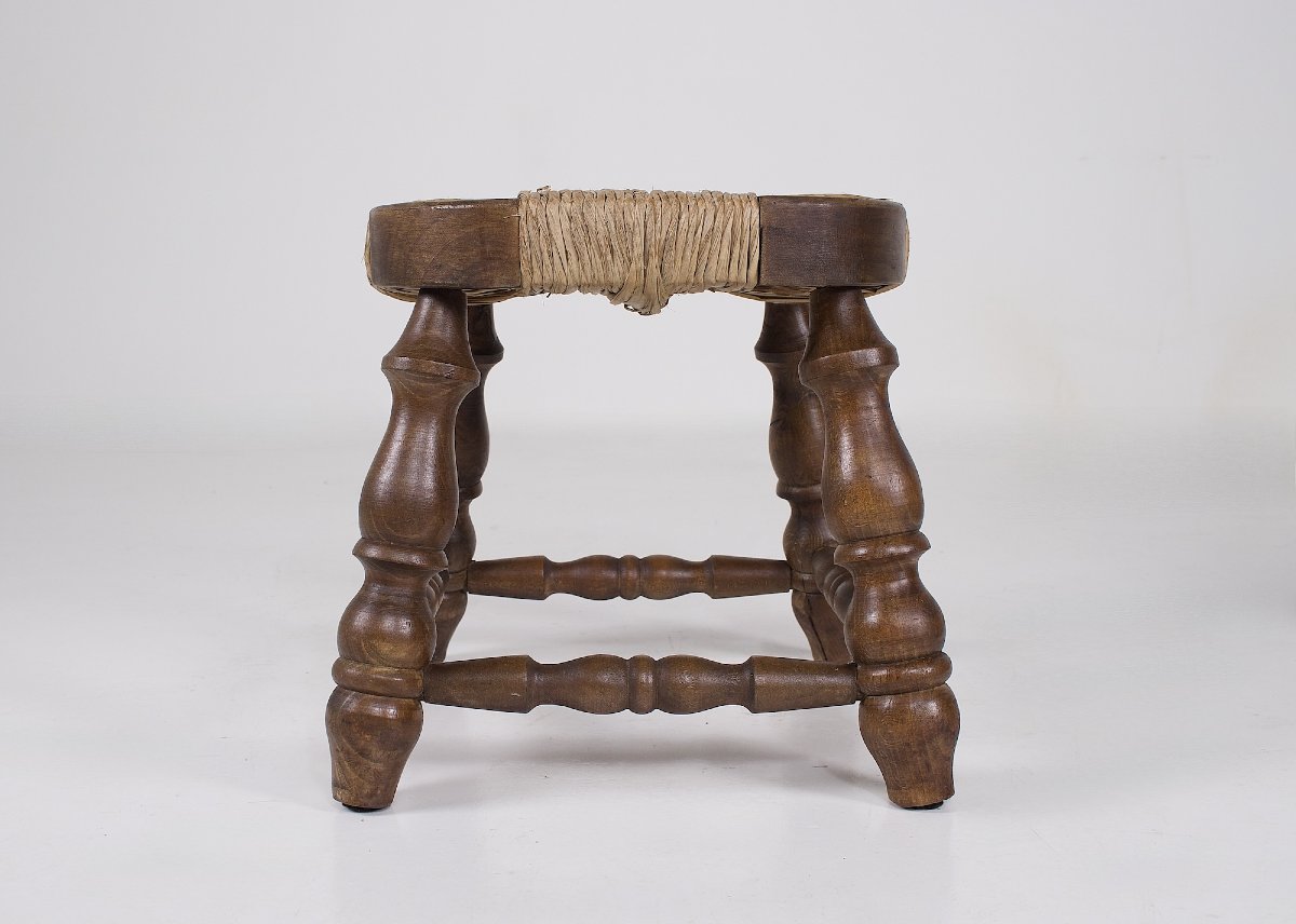 Tabourets de cheminée en bois tourné et paille – France, années 1960-photo-2