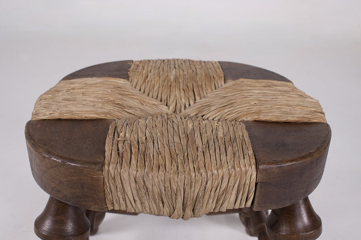 Tabourets de cheminée en bois tourné et paille – France, années 1960-photo-3