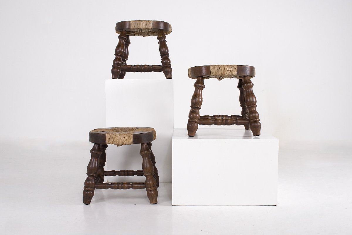 Tabourets de cheminée en bois tourné et paille – France, années 1960-photo-4