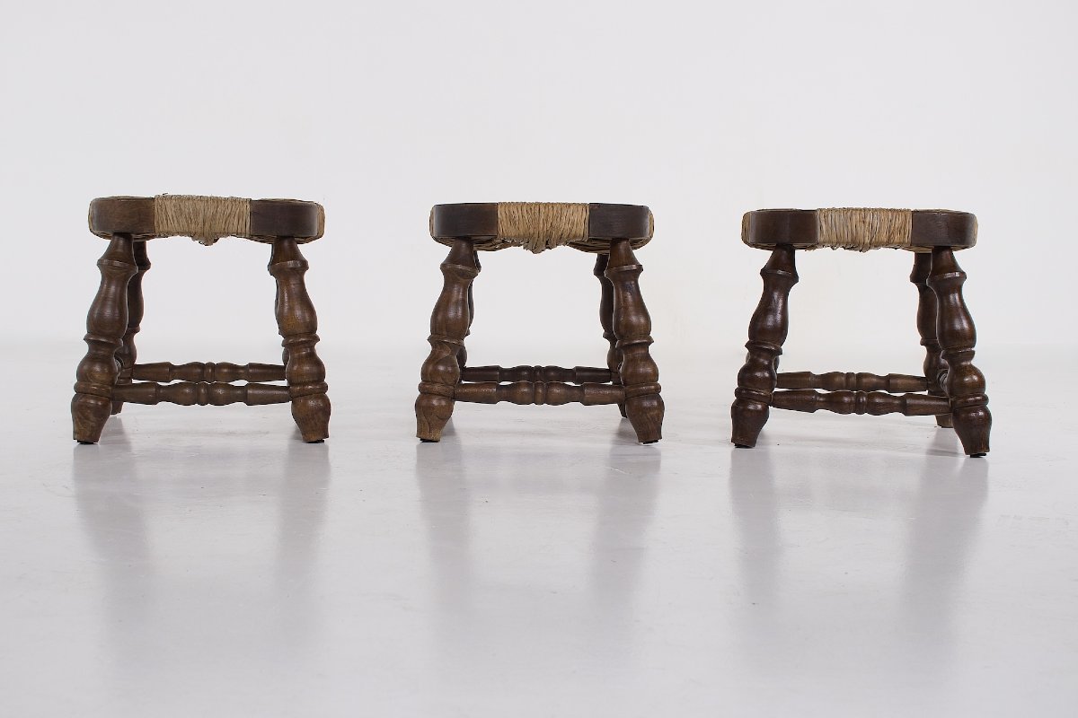Tabourets de cheminée en bois tourné et paille – France, années 1960