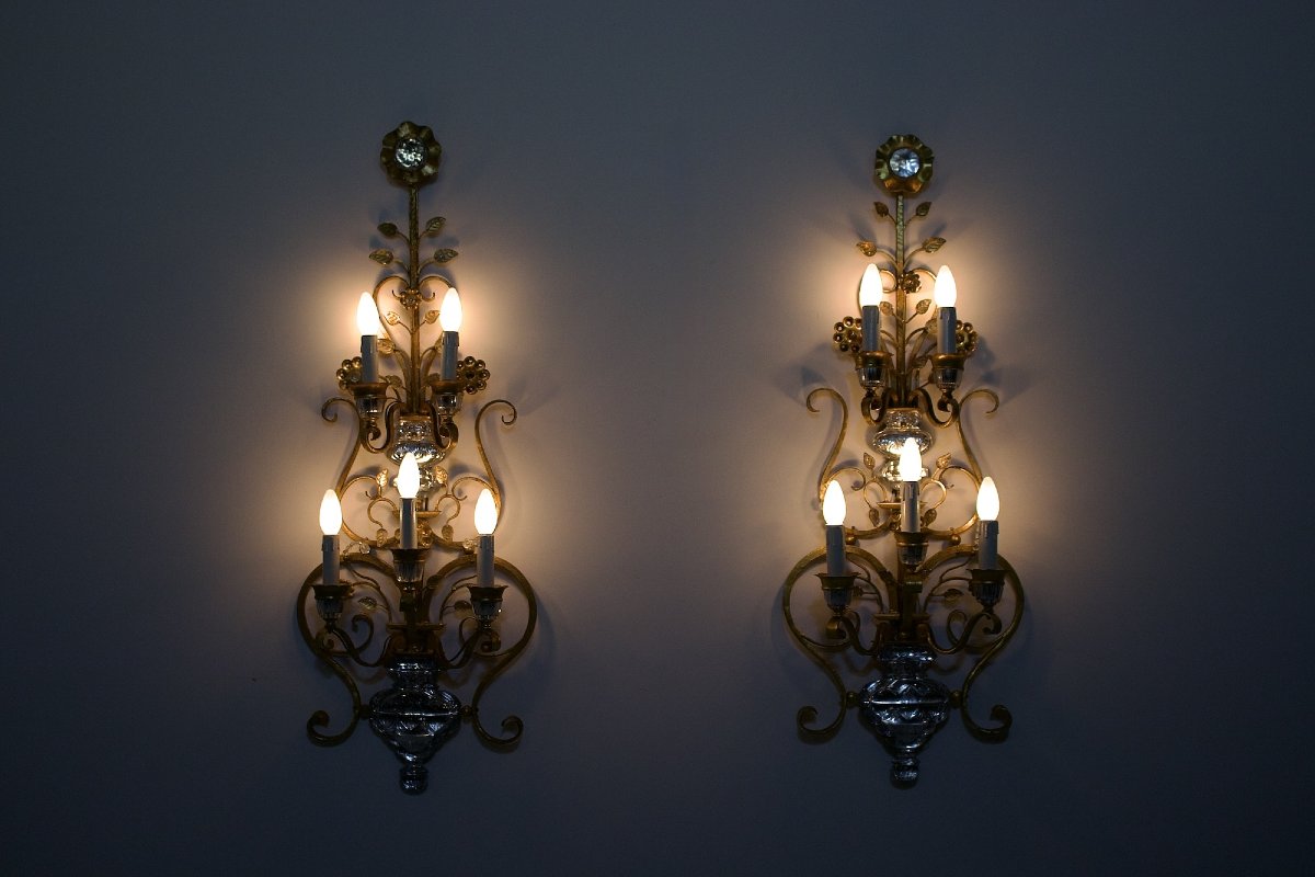 Imposing Gold-plated Wrought-iron Wall Sconces From The 1970s.-photo-2