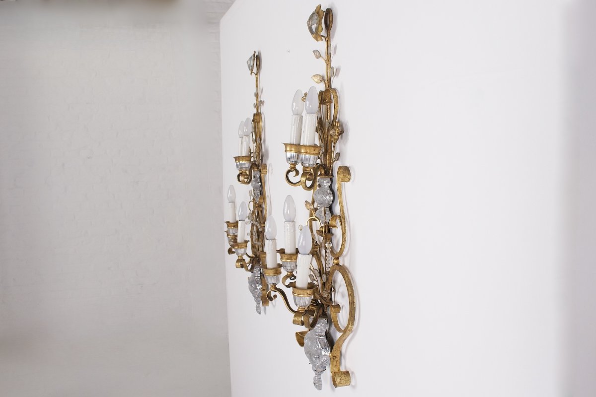 Imposing Gold-plated Wrought-iron Wall Sconces From The 1970s.-photo-3