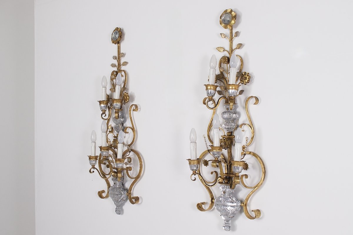 Imposing Gold-plated Wrought-iron Wall Sconces From The 1970s.