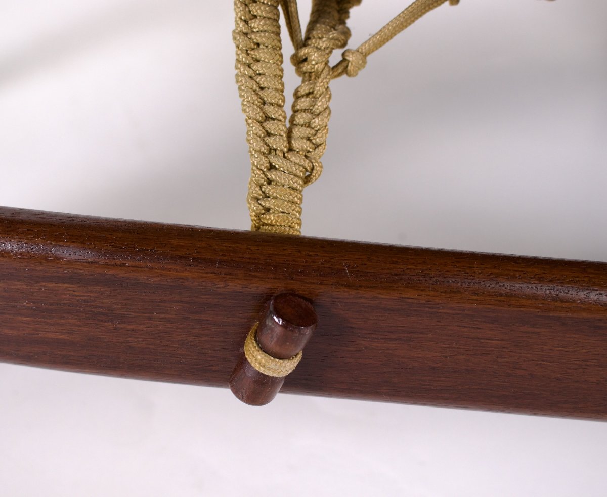 Fauteuil et repose-pieds en cuir, cordage et palissandre, Jean Gillon, années 60-photo-3