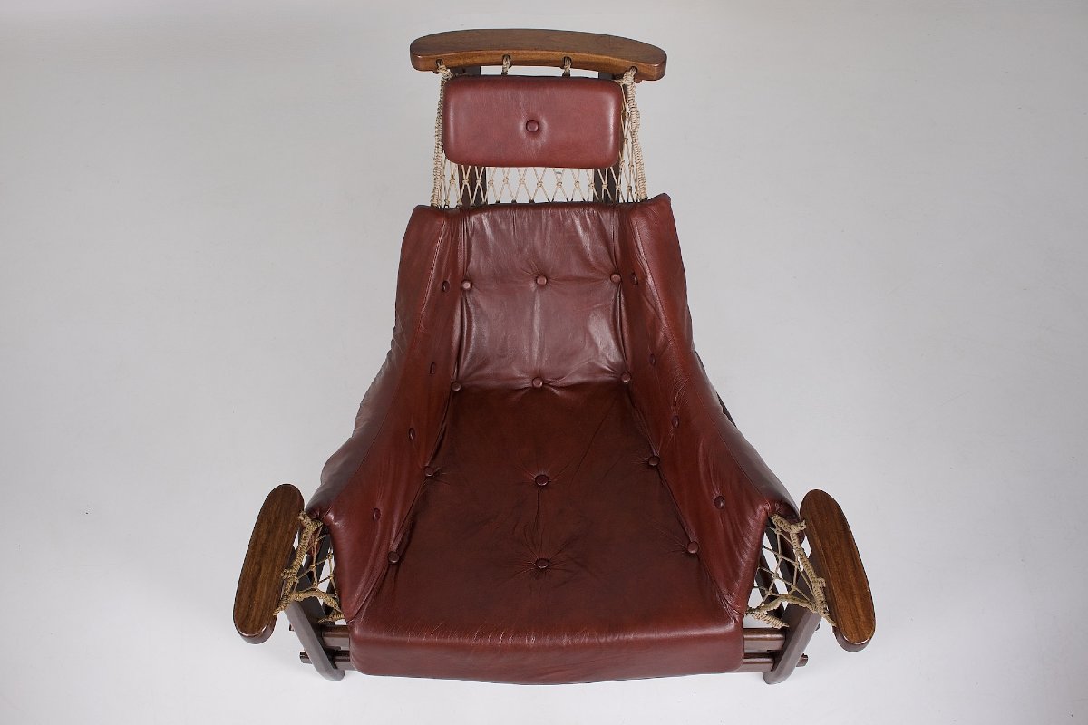 Fauteuil et repose-pieds en cuir, cordage et palissandre, Jean Gillon, années 60-photo-2