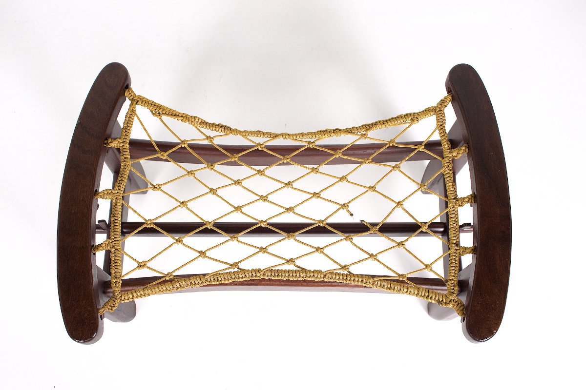 Fauteuil et repose-pieds en cuir, cordage et palissandre, Jean Gillon, années 60-photo-4