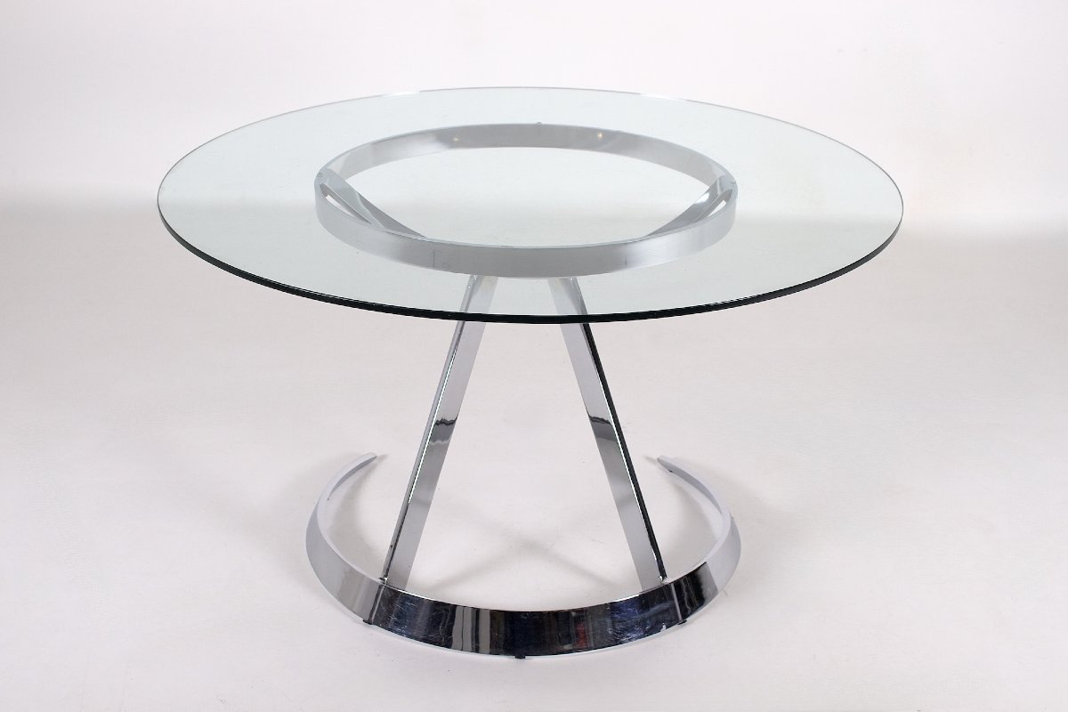 Chrome-plated Steel And Glass Table, "scimitar" Model, By Boris Tabacoff, For Mmm, 1970s.-photo-3