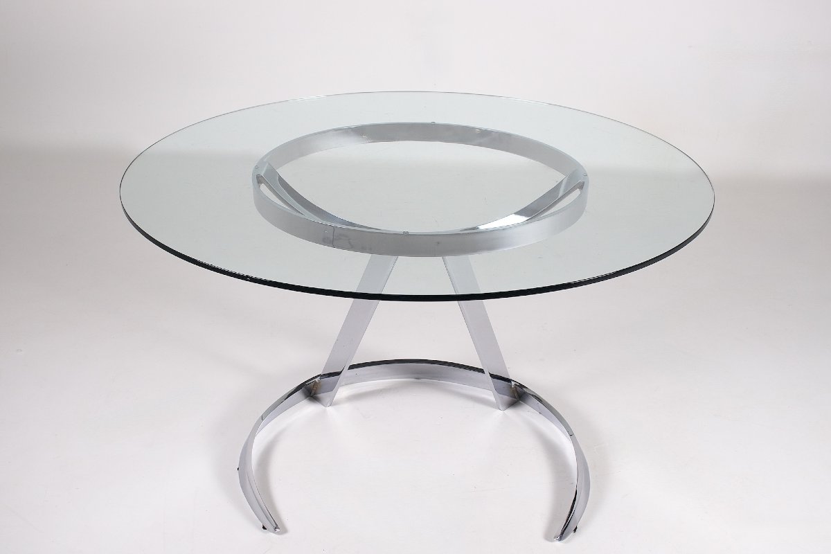 Chrome-plated Steel And Glass Table, "scimitar" Model, By Boris Tabacoff, For Mmm, 1970s.