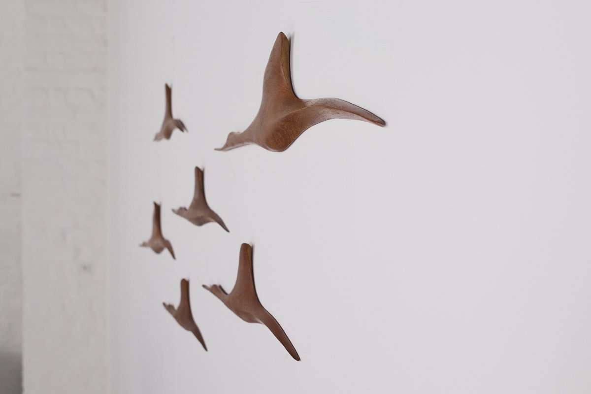 Wall Decoration Depicting A Flock Of Cranes, Teak, 1960s-photo-2