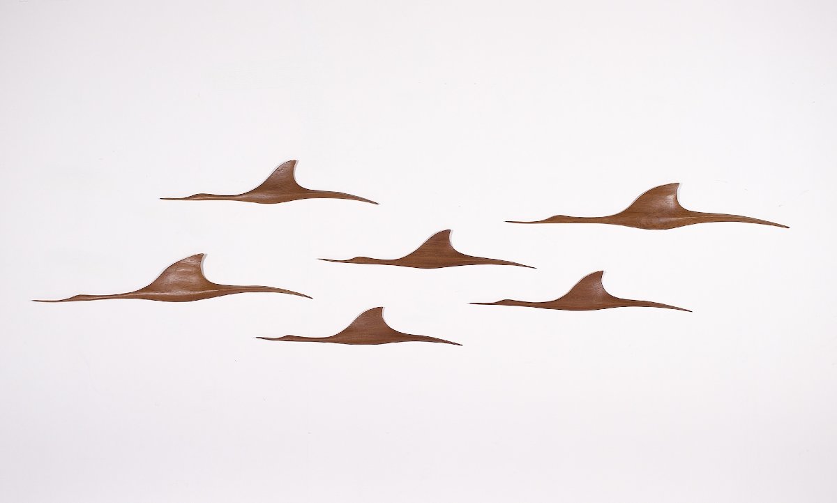 Wall Decoration Depicting A Flock Of Cranes, Teak, 1960s