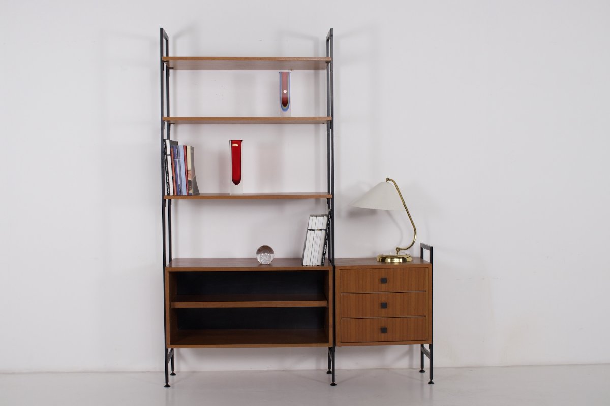 Modular Wall Shelf Made Of Teak And Metal, From The 1960s.