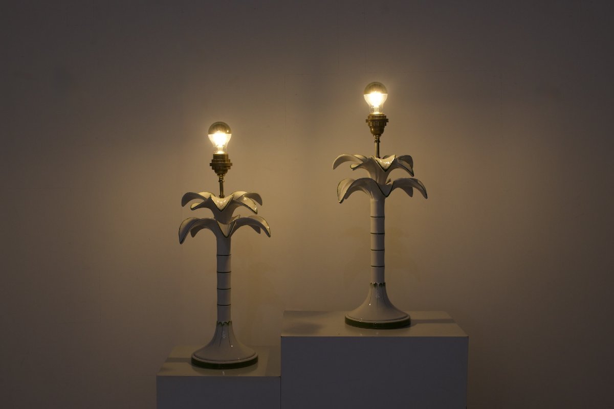 Pair Of Earthenware Table Lamps With Palm Tree Bases, From The 1970s.-photo-3