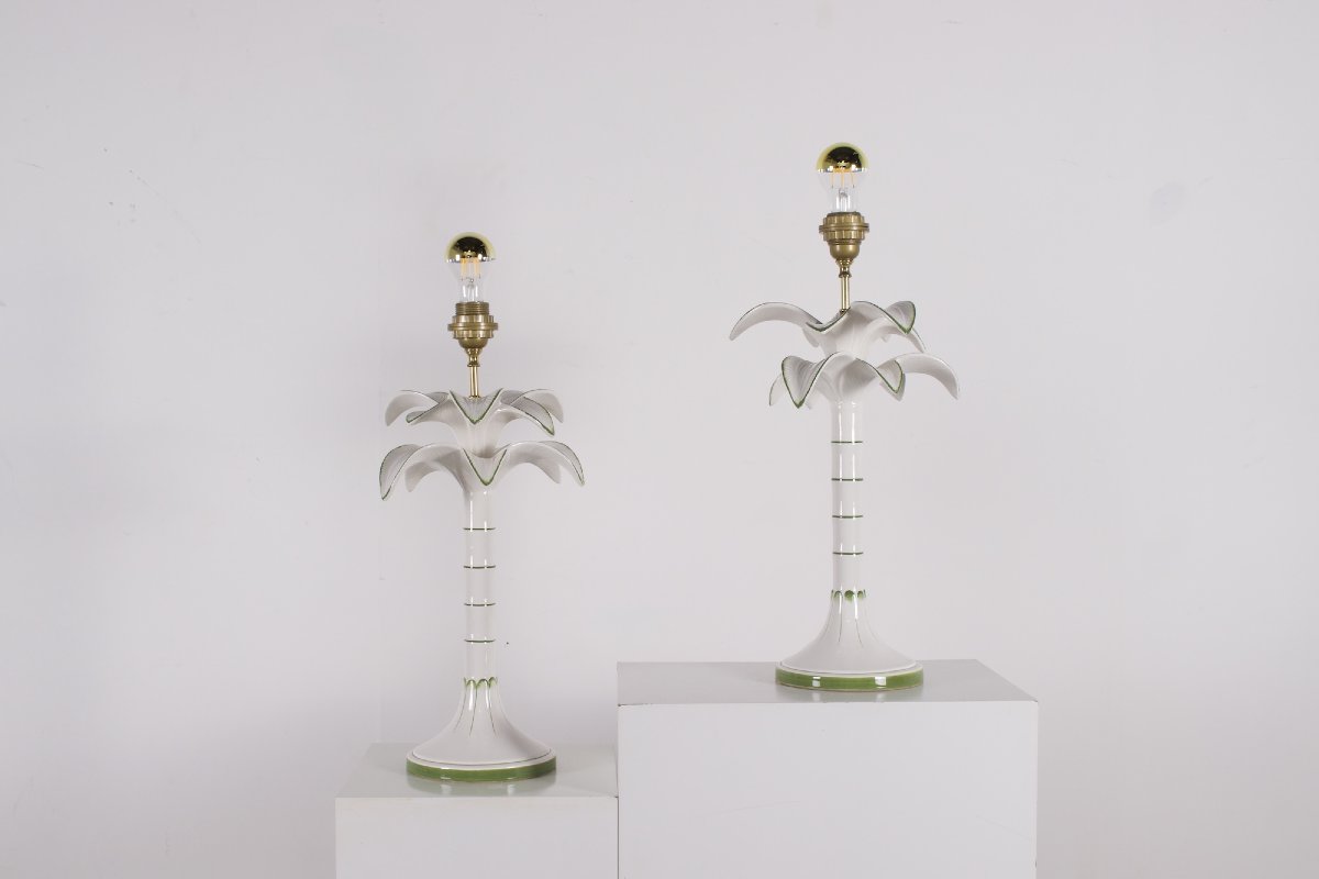 Pair Of Earthenware Table Lamps With Palm Tree Bases, From The 1970s.