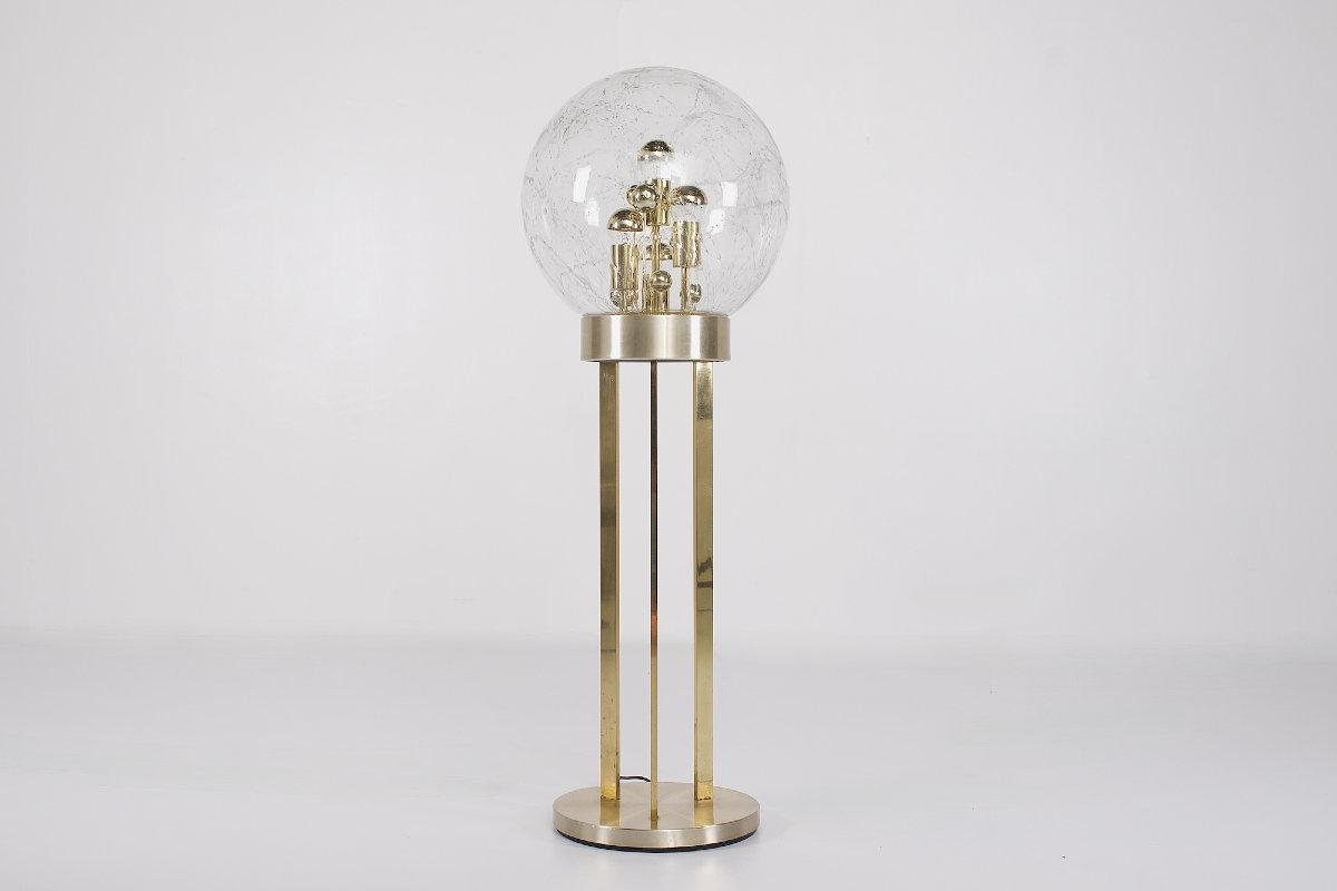 Floor Lamp Made Of Brass, Gold-plated Aluminum, And Blown Glass, From The 1970s.-photo-2