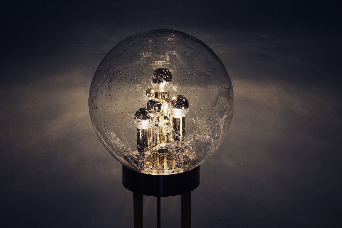 Floor Lamp Made Of Brass, Gold-plated Aluminum, And Blown Glass, From The 1970s.-photo-3