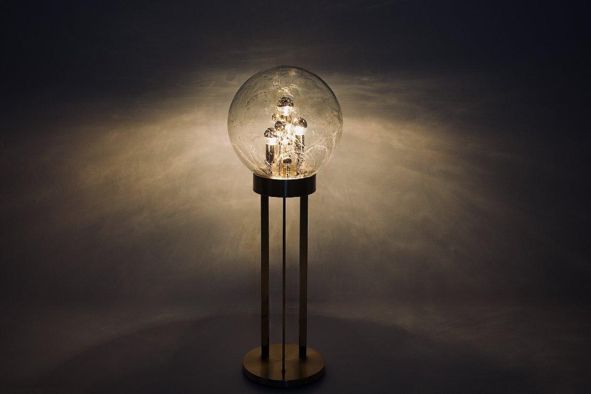 Floor Lamp Made Of Brass, Gold-plated Aluminum, And Blown Glass, From The 1970s.