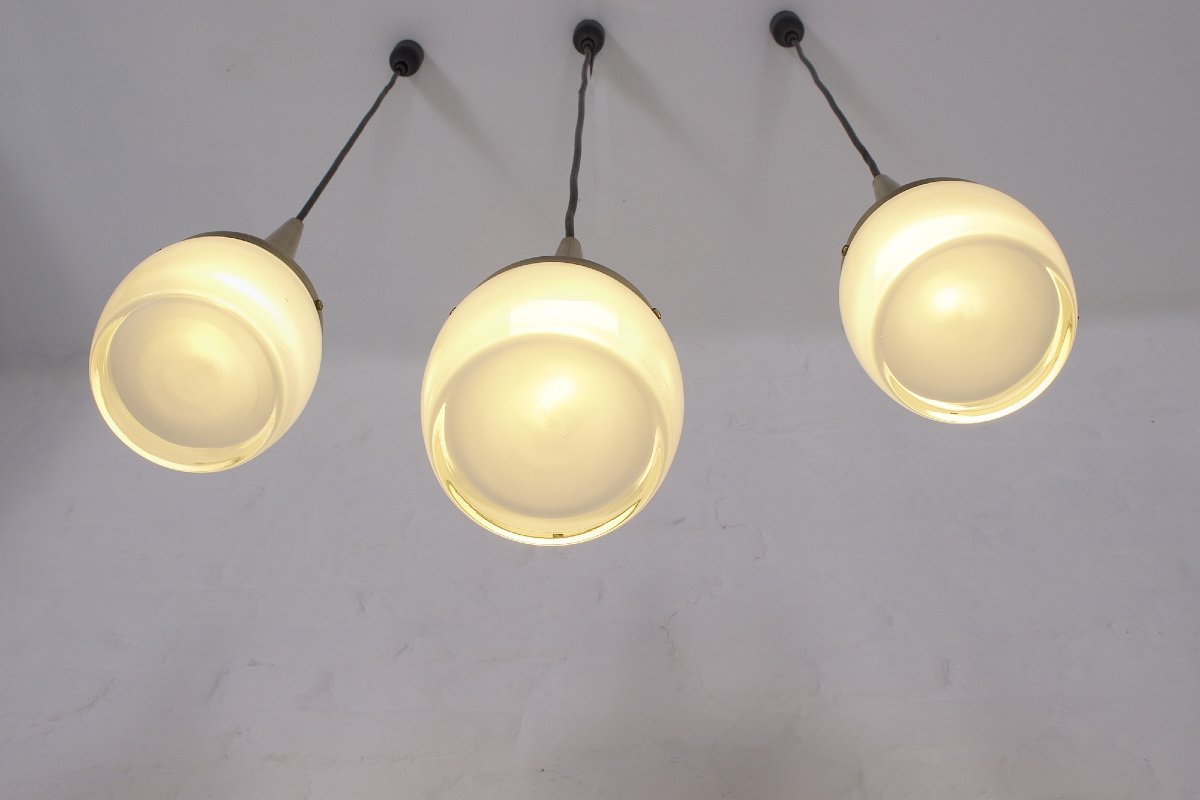 Three Pendant Lights Made Of Aluminum And Thick Glass, From The 1970s.-photo-1