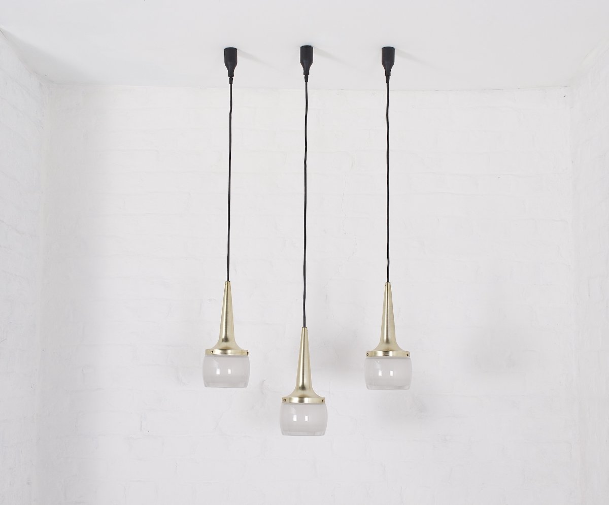 Three Pendant Lights Made Of Aluminum And Thick Glass, From The 1970s.-photo-2