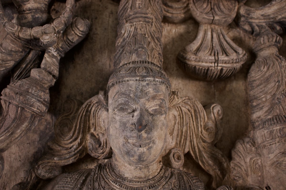 Shiva Tripurantaka et Parvati – Haut-relief de procession indien en bois  -photo-3