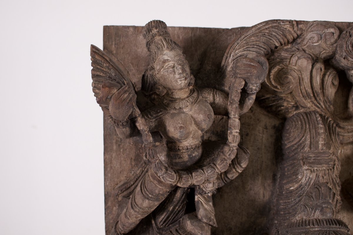 Shiva Tripurantaka et Parvati – Haut-relief de procession indien en bois  -photo-3