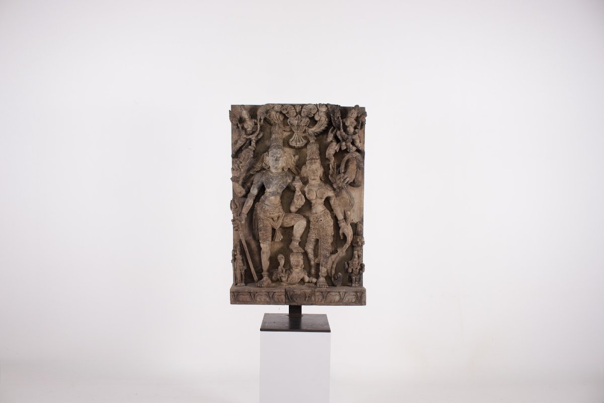 Shiva Tripurantaka et Parvati – Haut-relief de procession indien en bois  -photo-6