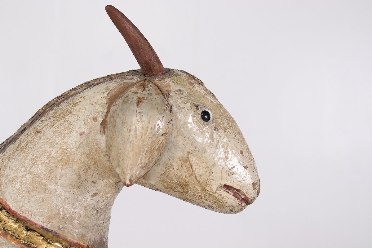 Sculpture de chèvre en bois polychrome, Inde, fin XIX ème.-photo-2