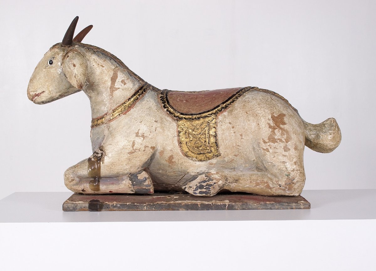 Sculpture de chèvre en bois polychrome, Inde, fin XIX ème.-photo-4
