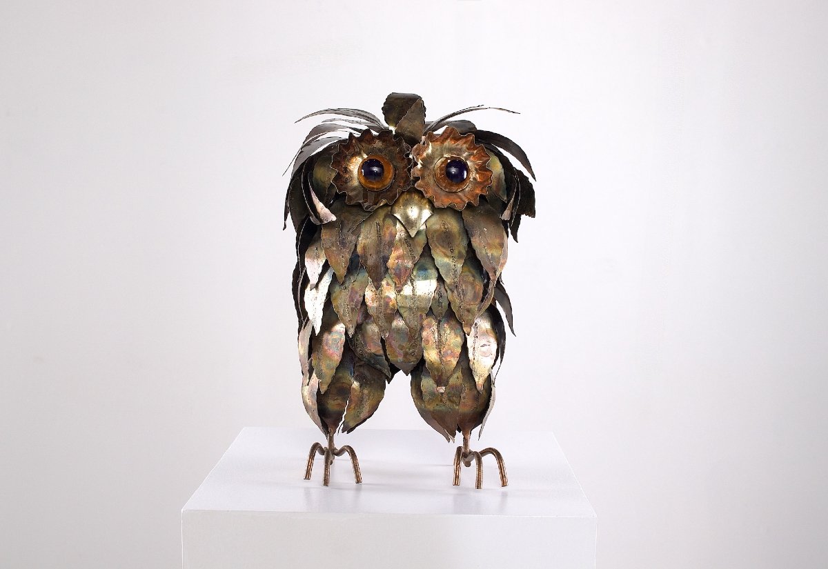 Statue de hibou brutaliste en laiton, années 1970.