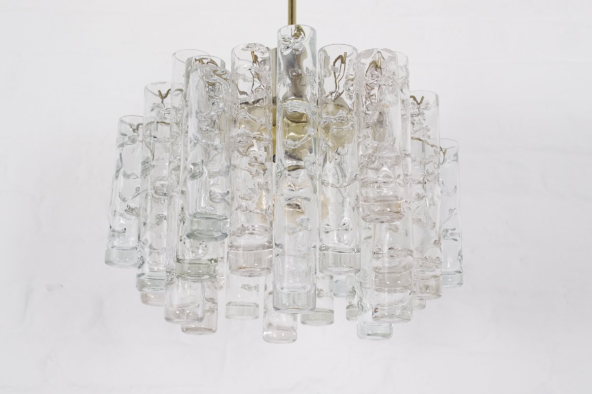 A 1970s Chandelier Made Of Glass And Brass.