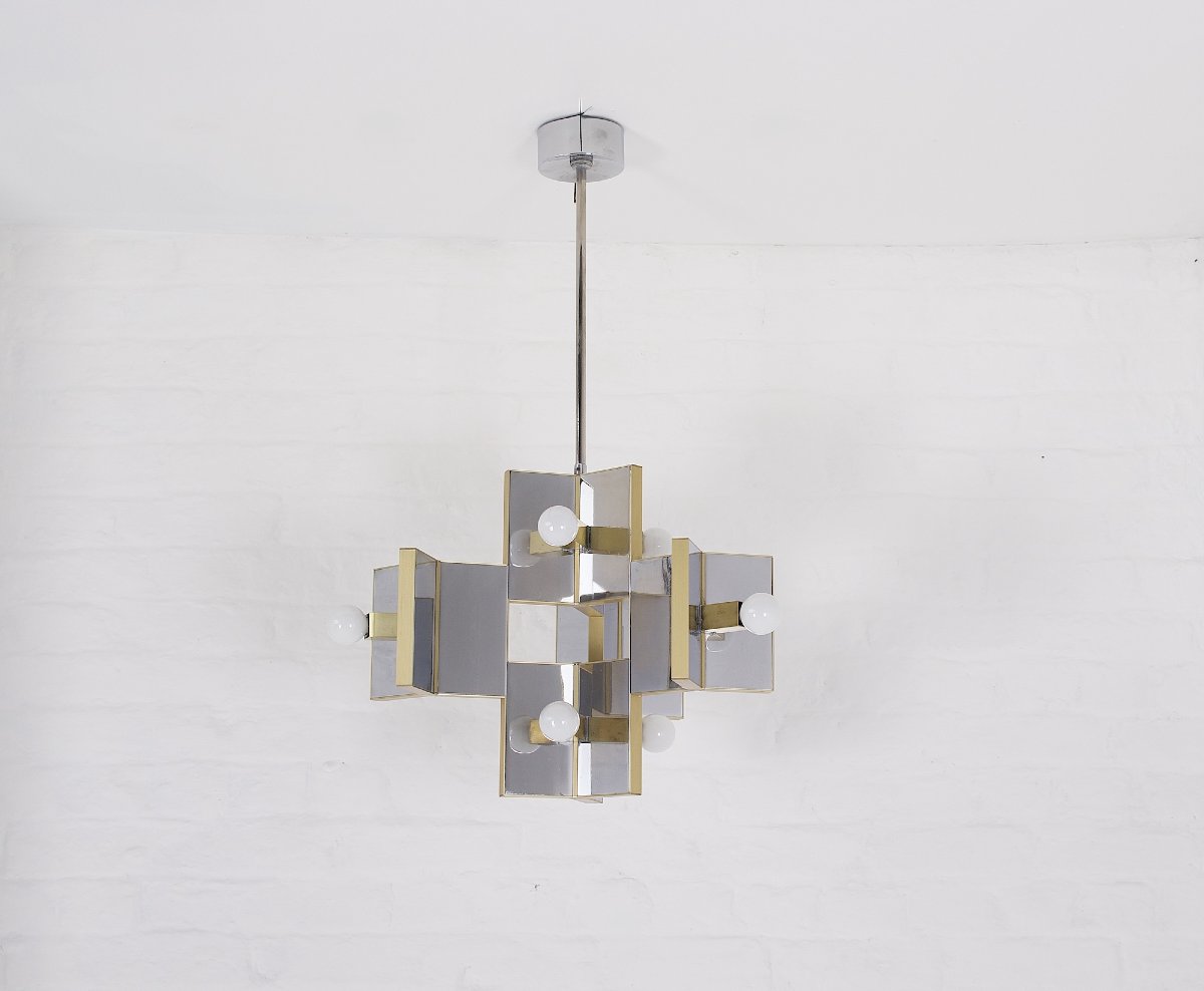 Suspension en laiton et chrome miroir, Gaetano Sciolari.-photo-2