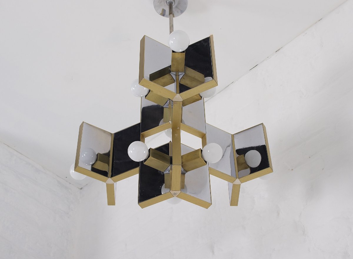 Suspension en laiton et chrome miroir, Gaetano Sciolari.-photo-4