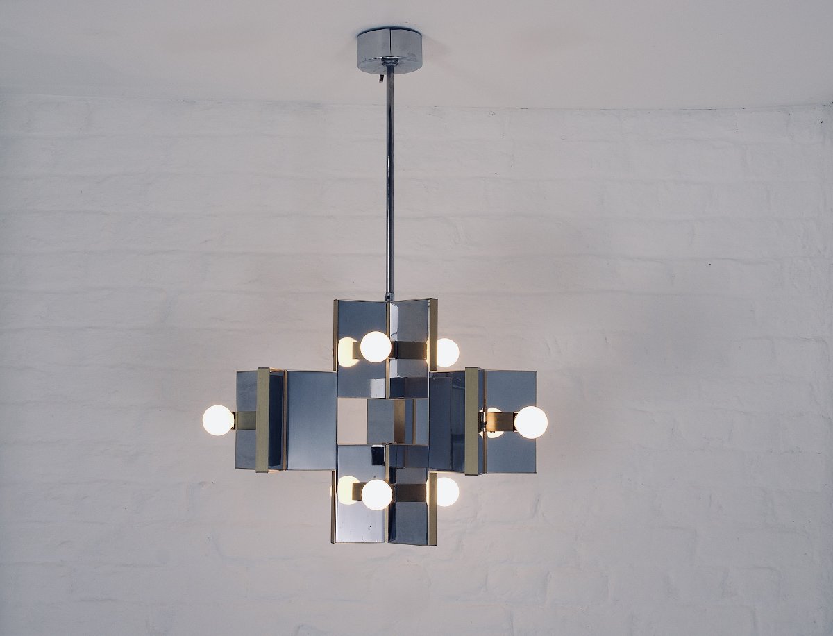 Suspension en laiton et chrome miroir, Gaetano Sciolari.