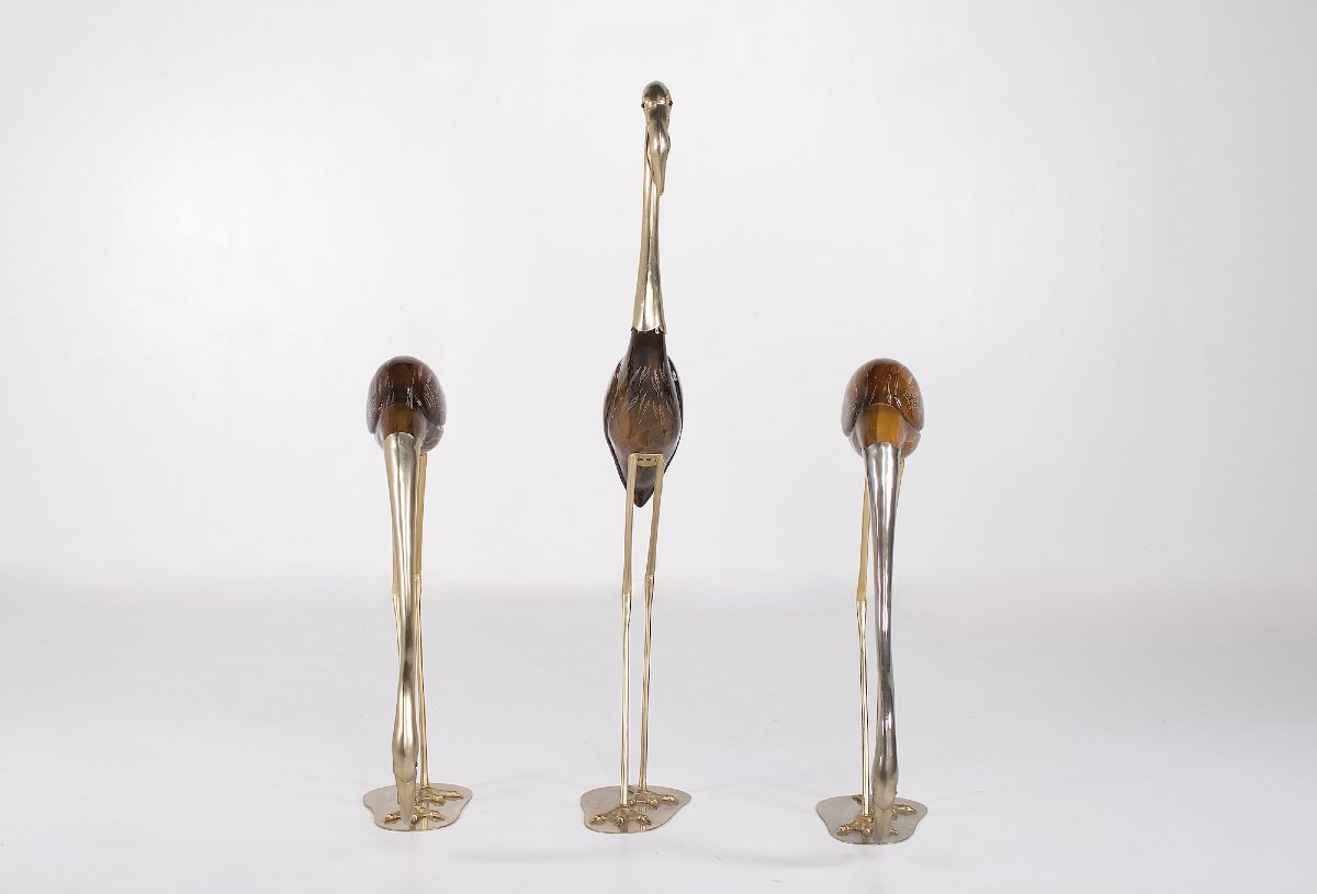 3 sculptures de flamants roses en bois et métal doré, de Stijl, Firenze.-photo-2