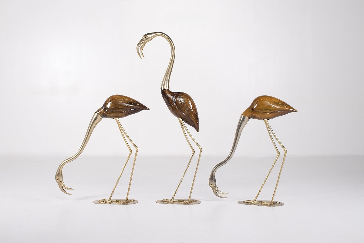 3 sculptures de flamants roses en bois et métal doré, de Stijl, Firenze.