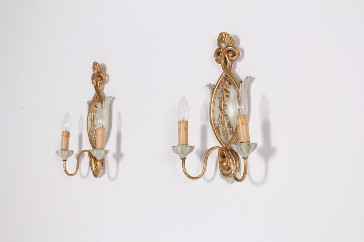 Pair Of Wall Lights In Golden Wood Louis XVI Style-photo-2