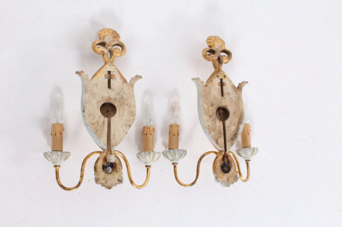 Pair Of Wall Lights In Golden Wood Louis XVI Style-photo-1