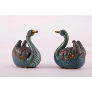 Pair Of Cloisonné Perfume Burners With  Swans, China, Jiaqing