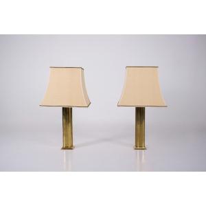 Pair Of Lamps In Brass And Wild Silk.