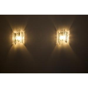 Pair Of Brutalist “ice Glass” Crystal Sconces.