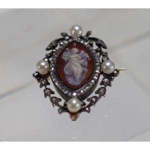 Gold And Silver Cameo Pendant Brooch, Angel With Lyre